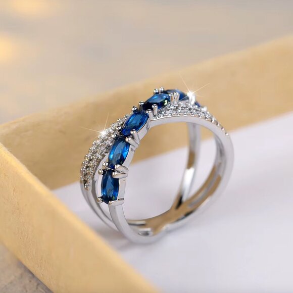 NEW 14K White Gold Sapphire Diamond Ring Band - Picture 4 of 4